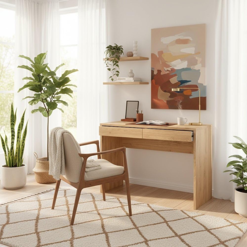 Brown Wood Desk With Drawers,  - Home Office Work Table ulasan dan harga